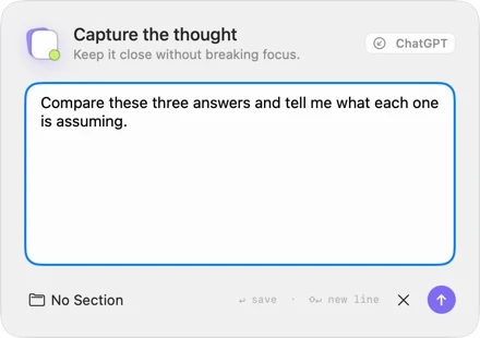 CueStash borderless Quick Capture panel with a unified note editor, optional section, and source-app context